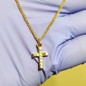 Women's Polished Gold-tone Necklace with Sparkling Crystal 0.5-in Cross Pendant